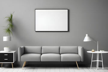 Empty White Mockup Poster in a Modern Living Room with Sofa - 3D Rendering, AI