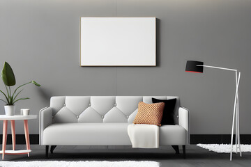Contemporary Living Room Interior Design with Empty White Mockup Poster Above Sofa - 3D Illustration, AI