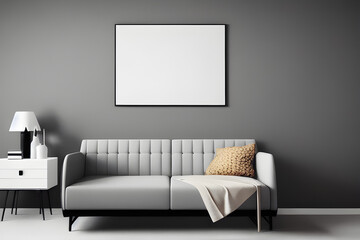 Modern Living Room Design with Empty White Mockup Poster Above Sofa - 3D Illustration, AI