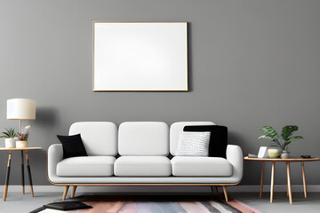 3D Illustration of a Contemporary Living Room Interior with Empty White Mockup Poster Above Sofa, AI