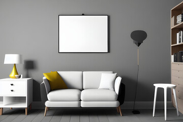 Empty White Mockup Poster Above Sofa in a Modern Living Room - 3D Render, AI