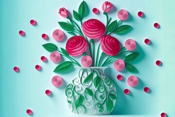 vase of red and pink paper roses