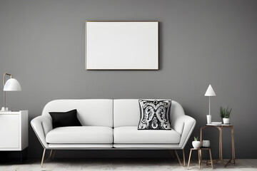 Modern Living Room Decor with Empty White Mockup Poster Above Sofa - 3D Illustration, AI
