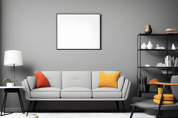 3D Illustration of a Modern Living Room Design with Empty White Mockup Poster Above Sofa, AI