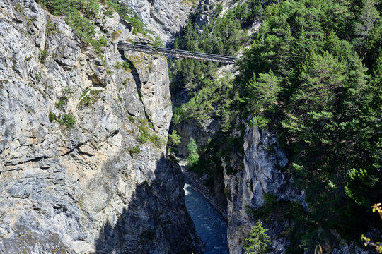 Passerelle du Diable (Devil's footbridge) between 2 fortifications above the Arc River (Maurienne, Savoie, Alps, France)