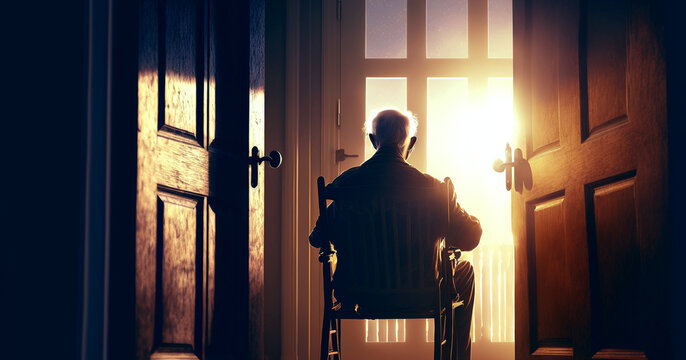 Old Aged Senior Man Sitting On A Chair And Looking At The Window Or Door. Generative AI.