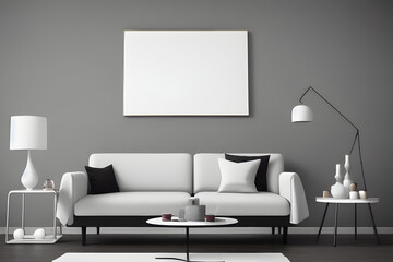 3D Illustration of a Contemporary Living Room with Empty White Mockup Poster Above Sofa, AI