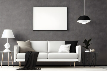Modern Living Room Decor with Empty White Mockup Poster Above Sofa - 3D Render, AI