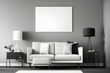 3D Illustration of a Modern Living Room with Empty White Mockup Poster Above Sofa, AI