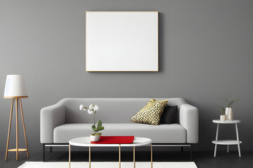 Living Room Design with Empty White Mockup Poster Above Sofa - 3D Render, AI