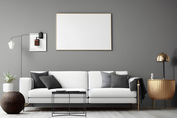 Empty White Mockup Poster Above Sofa - 3D Illustration, AI