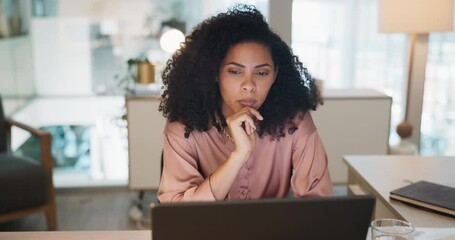 Thinking, research and business woman on a laptop in the office planning a corporate strategy. Idea, technology and professional female employee working on a project, report or proposal on a computer - Powered by Adobe