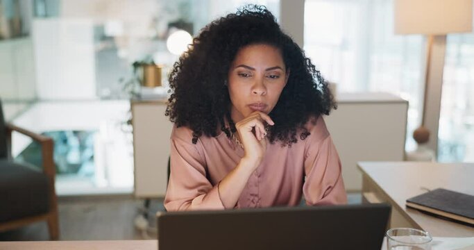 Thinking, research and business woman on a laptop in the office planning a corporate strategy. Idea, technology and professional female employee working on a project, report or proposal on a computer