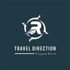 Initial R Letter with Ship Marine and Compass Icon for Travel Guide Navigation Business Logo Idea Template