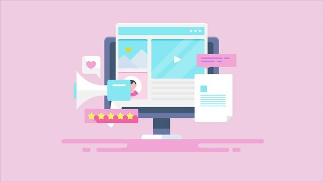 Visual content on blog page with author information text document with star rating megaphone spreading message on web, content marketing video clip.