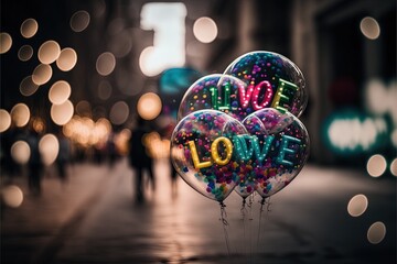 Balloons with the word LOVE written by Generative AI