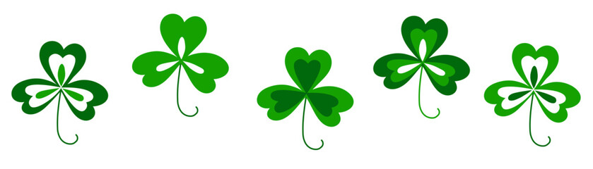Set of green clover leaves. Shamrock leaf for design st Patricks Day. Vector illustration