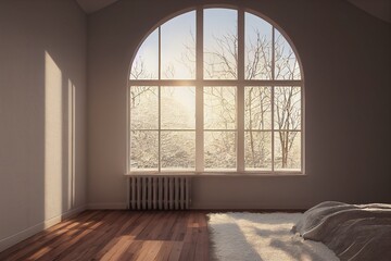 Modern Bedroom Interior with Arch Window Minimal Lifestyle Made with Generative Ai