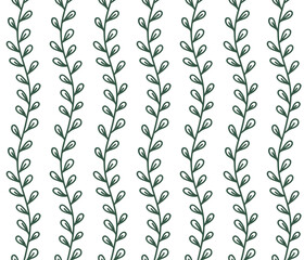 Spring seamless botanical pattern. Vertical monochrome hand drawn retro pattern of curly stems for wrapping paper, textile