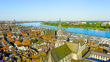 Antwerp, Belgium. St. Paul s Cathedral (Sint-Pauluskerk). Bright cartoon style illustration. Aerial view