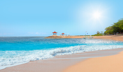 Boats along the coast with Bali type hut and beach - Bali, Indonesia
