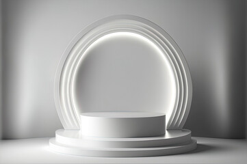 white podium with a circular light on top of it