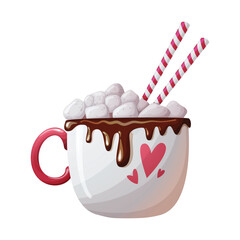 Valentine's day red mug with hearts with marshmallow, chocolate topping. Vector holiday illustration on white background