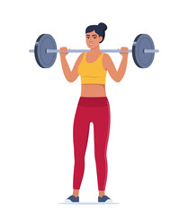 Obraz premium Woman doing Overhead barbell shoulder press exercise. Flat vector illustration isolated on white background.