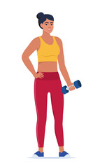 Woman dressed in sports clothes does exercises with dumbbells. Vector illustration.