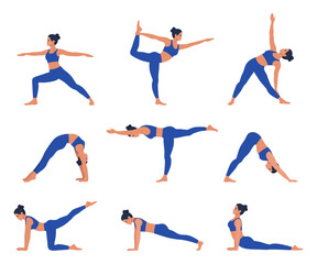 Fototapeta na wymiar Set of yoga poses. Young women do yoga exercises. Healthy lifestyle with yoga asanas. Vector illustration.
