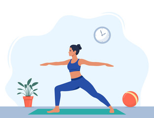 Fototapeta na wymiar Female character doing yoga exercises at home. Wellness, healthcare and lifestyle concept. Vector illustration.