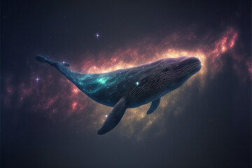 Fototapeta na wymiar Whale in space floating, Whale outer space travel concept, whale flying in the beautiful sky, Generative AI.