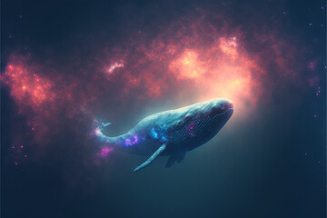 Obraz na płótnie Canvas Whale in space floating, Whale outer space travel concept, whale flying in the beautiful sky, Generative AI.