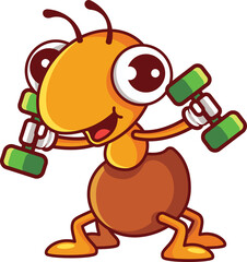 Cartoon cute ant doing fitness workout with carrying dumbbells vector character illustration