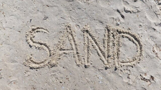 Sand written in capitals with a finger in white sand