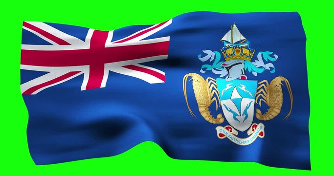 Flag of Tristan da Cunha realistic waving on green screen. Seamless loop animation with high quality