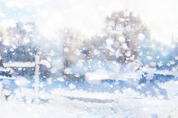 Winter landscape through a frozen window. Blurred snow background. Trees and plants covered with snow.