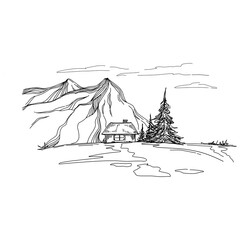 Hand sketch of winter mountains. Mountains sketch on a white background. Snowy mountain peaks and Shapes For Logos