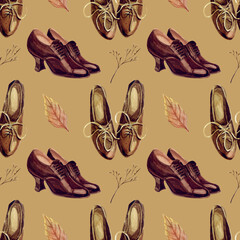Women's autumn shoes, leaves, twigs. Watercolor seamless pattern. Vintage fashion.