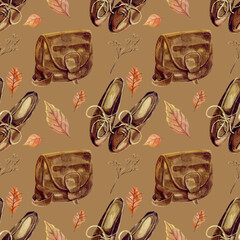 Women's autumn shoes and a bag among leaves and twigs. Watercolor dynamic seamless pattern. Vintage style.