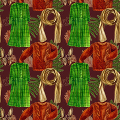 Watercolor seamless pattern.	
Vintage fashion. Green dress, orange knitted sweater, scarf. 