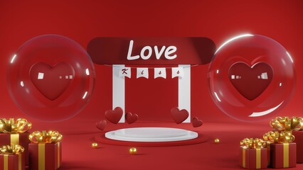 3D rendering of red podium for Valentine products on Valentine's Day.