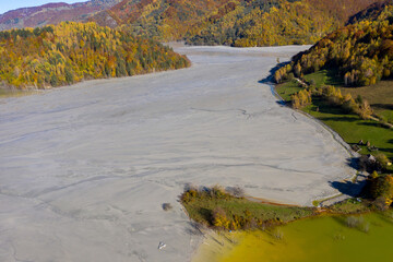 Aerial view of the industrial decanting lake at Geamana in Romania. Copper mining residuals polluting the environment