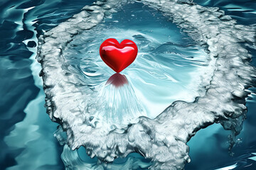 Fototapeta premium A red heart in a wave in the water. Valentine’s Day. GENERATIVE AI