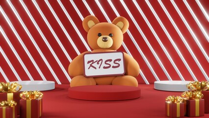 3D rendering of red podium for Valentine products on Valentine's Day.