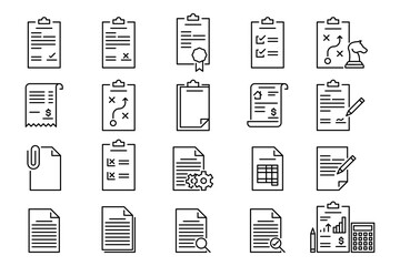 Set of outline notepads and clipboards vector icons. Documents, paperwork and office work illustration