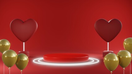 3D rendering of red podium for Valentine products on Valentine's Day.