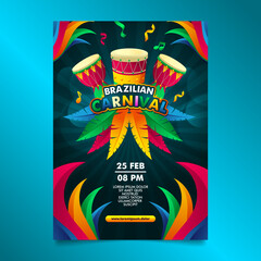 Green Brazilian carnival Flyer with colorful Samba Batucada Drum and feather design