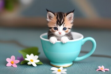 lovely kitten in a pale blue cup