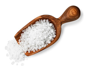 top view of sea salt crystals in wooden scoop isolated on white